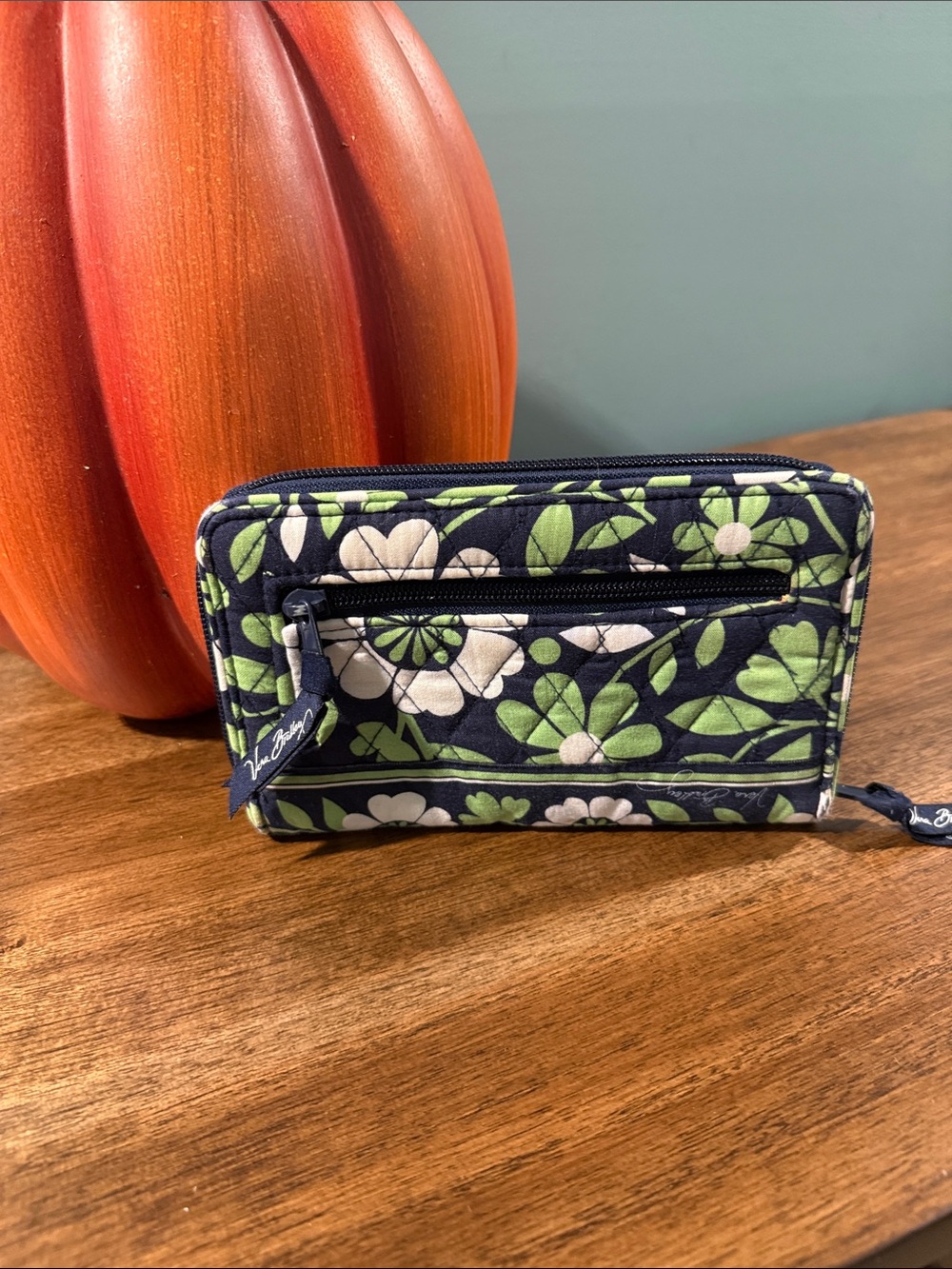 Vera Bradley Navy Floral Quilted Zip Wallet with Green Accents - Picture 3 of 7
